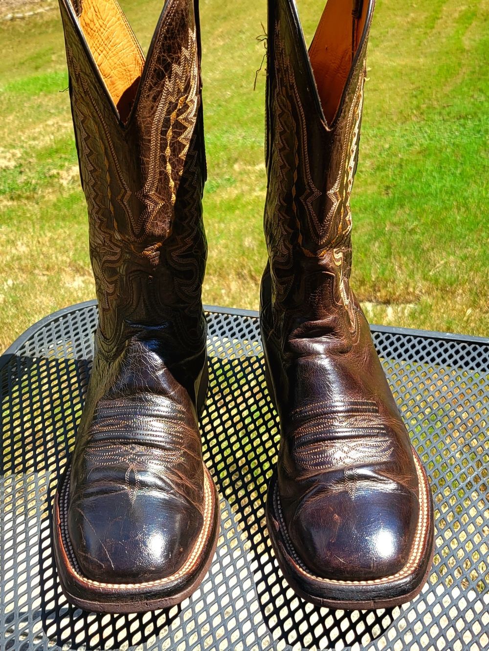 Lucchese Dark Brown Goat Leather Western Cowboy Boots with Embroidered Shaft.